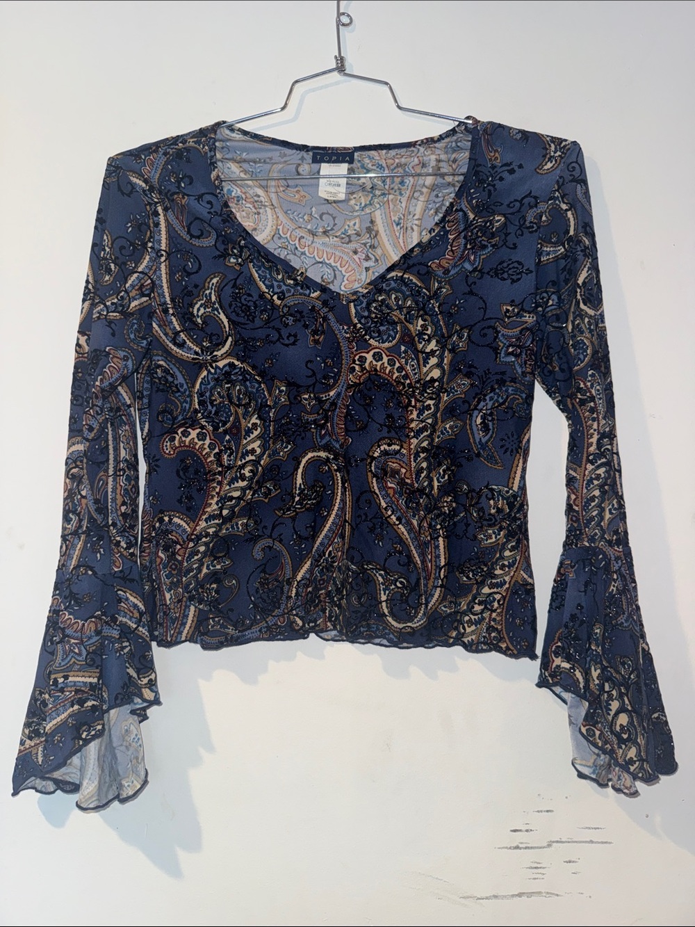 Topia Navy Paisley V-Neck Bell-Sleeve Blouse paper tag velvet details